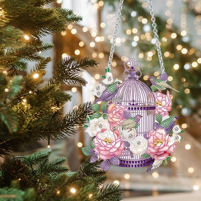 Flower Birdcage Design DIY Diamond Art Painting Wreath Kits Special Shaped Rhinestone Diamond Art Window Pendants Home Garden Wall Hanging Kits (Single Side Point Drill) (#11-Cat) (#06-Bird)