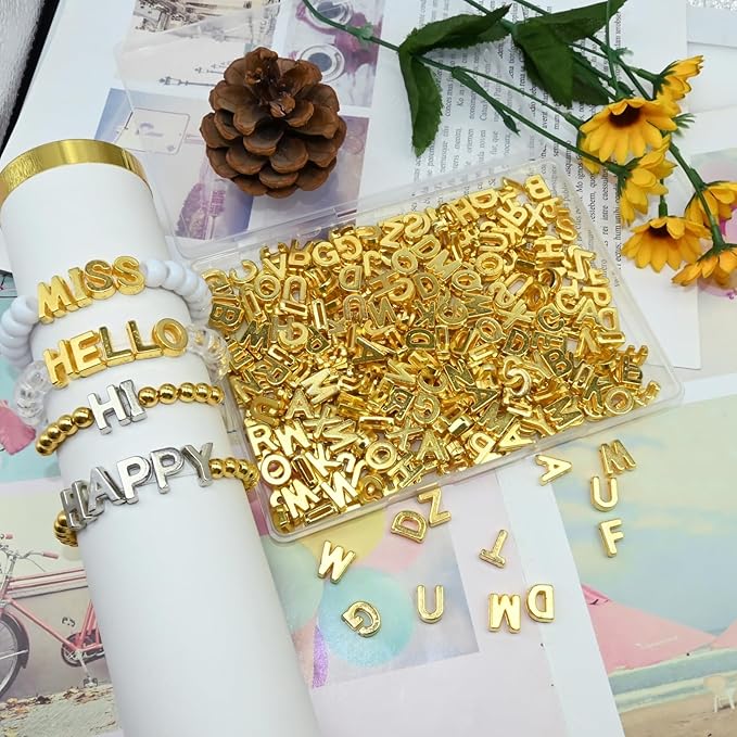 400pcs Gold Letter Beads Pendant,A-Z,3D Loose Beads,Plastic Initial Charms for Jewelry Making,Key Chains,Crafts