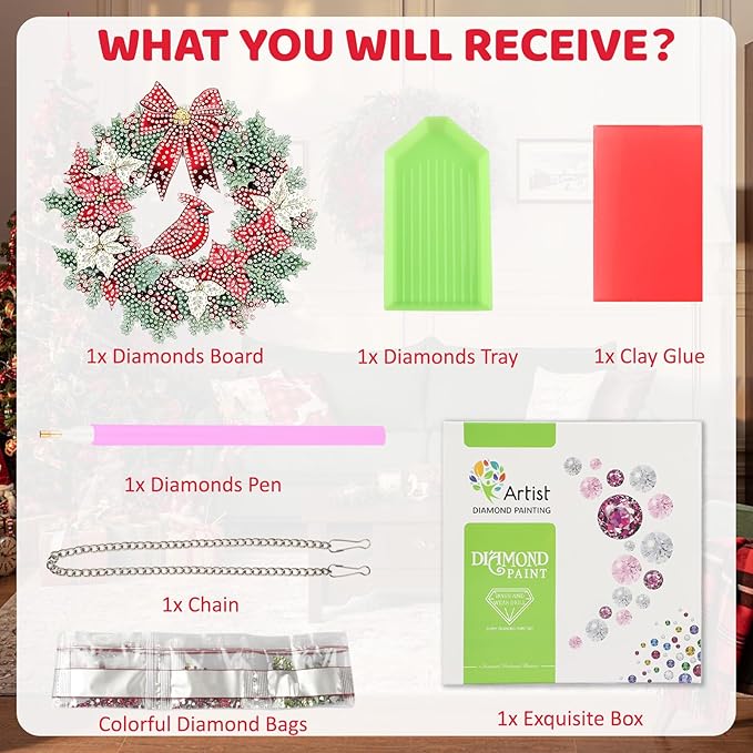MEIYUDA Christmas Diamond Art Hanging Kits for Adult, Cardinal Wreath Diamond Painting Hanging Kits Ornaments, DIY Special Shaped Rhinestone Window Pendants Kit for Home Garden Wall Decor
