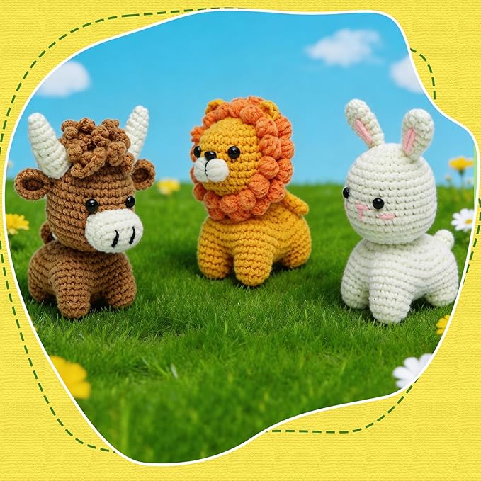 GONELYON Crochet Kit for Beginners, 3Pcs Amigurumi Crochet Animal Kits, Crocheting Kit for Starters Adult with Step-by-Step Video Tutorials, Animal Kits with Highland Cow, Lion, Bunny