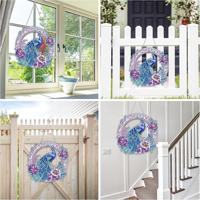 Reofrey Hanging Diamond Art Kits for Adults - 8x8 Inch Peacock Animal Acrylic Board Double Sided Pattern Diamond Art Suncatcher Pendant, DIY Crystal Art for Home Wall Window Decoration Handmade Gift