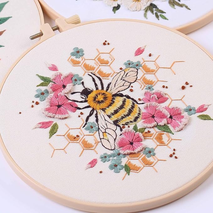 reewisly 3 pack embroidery starter kit patterns, diy adult cross stitch kits beginner, including 3 plastic embroidery rings, 1 scissors, colored threads,needles and instructions