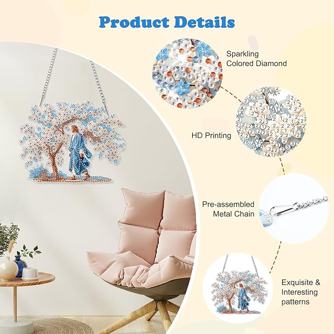 HEIBAGO Easter Diamond Art Hanging Kits Jesus for Adults, Diamond Art Suncatchers, 5D Special Shape Diamond Painting Pendant, DIY Window Ornament Gifts for Home Garden Door Wall Decor 8.3 x 8.3 Inch
