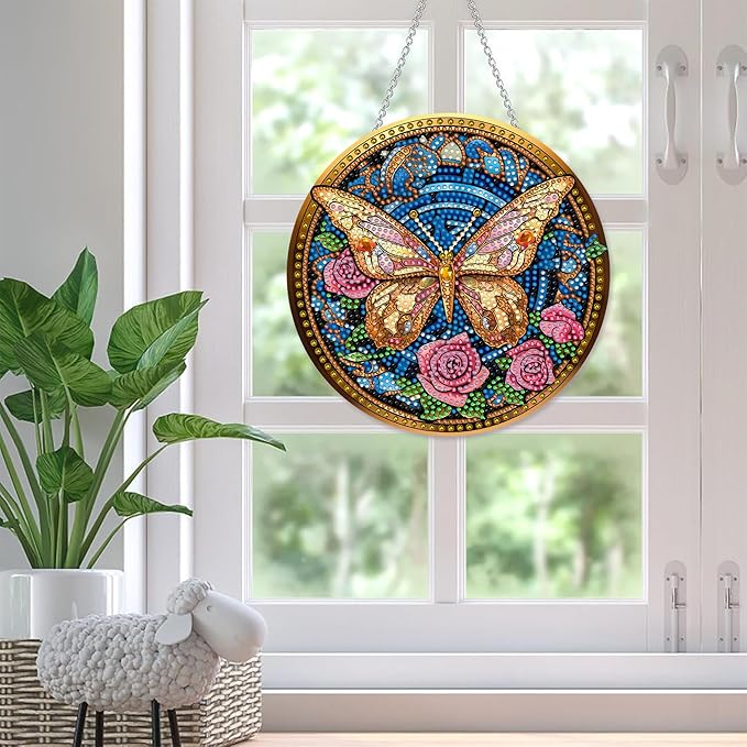 SKRYUIE Butterfly Hanging Diamond Art Kits for Adults Pendant Suncatcher, Special Shaped Crystal DIY Pearl Diamond Painting Kit, Gift for Mother Spring Summer Window Wreath Decor 7.64 x 7.64 Inch A15