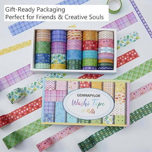 Grid Washi Tape Set 24 Rolls, Decorative Masking Tape for Junk Journal, Scrapbooking Supplies, DIY Crafting Supplies