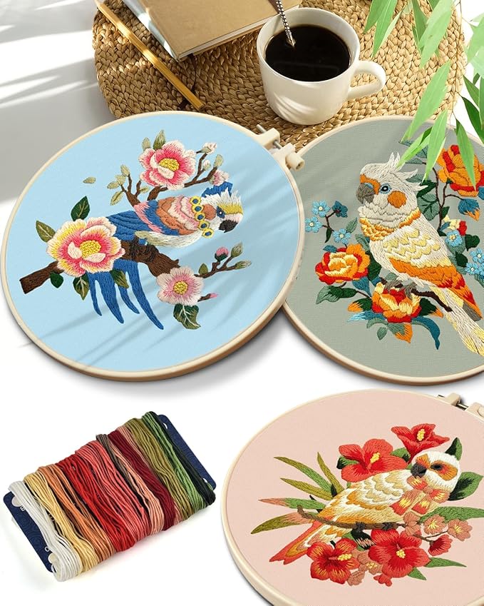 TINDTOP Embroidery Kit for Adult Beginners, Parrot Embroidery Stitch Practice kit Include Embroidery Cloth Hoops Threads for Craft Lover Hand Stitch