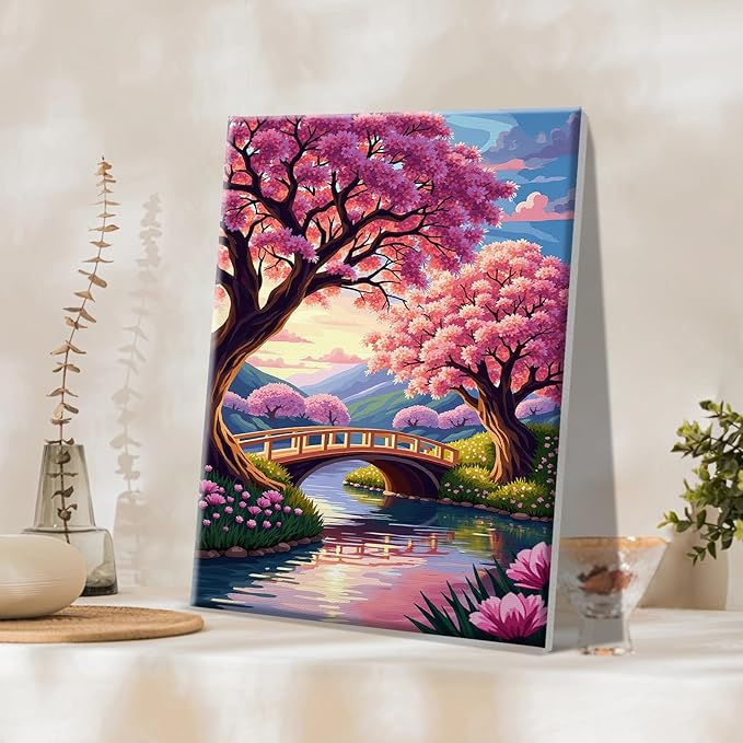 JOOZ Landscape Paint by Numbers Kit for Adults with Frame Sakura Paint by Number with Easel Mountain Adult Paint by Number Kits Framed Canvas F Lowers Oil Painting Kits for Home Wall Decor 8x12 Inch