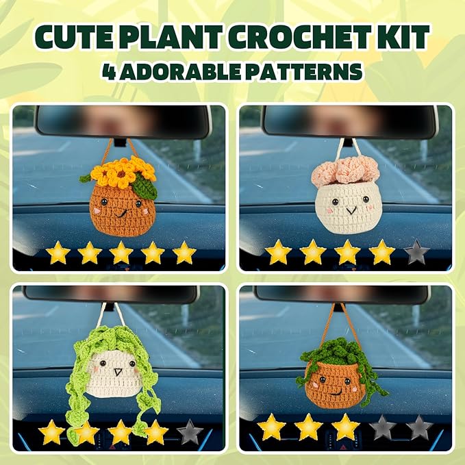 Imcrasy Crochet Kit | Crochet Kit for Beginners | Beginner Crochet & Knitting Kit with Step by Step Video Lessons | 4 PC Cute Potted Plants Crochet Kit with Crochet Accessories(40%+ Yarn) | WhiteBrown