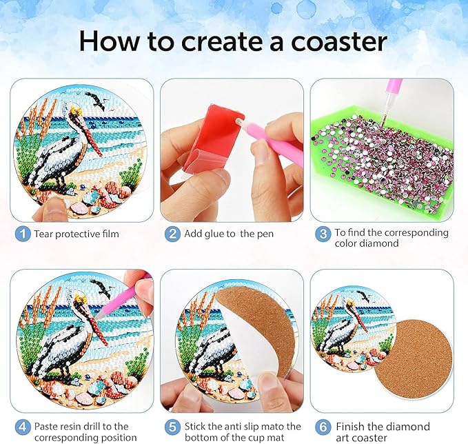 8 Pcs Beach Diamond Art Coasters Kit with Holder, DIY Beach Diamond Painting Coasters for Beginners Adults, Non Slip Diamond Art Kits Craft Supplies 4x4inch