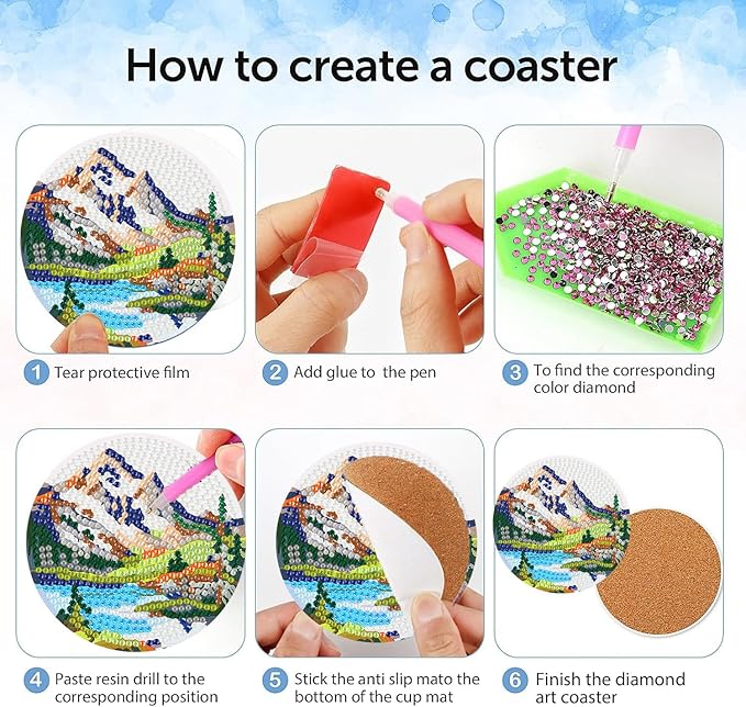 igoodom 8 Pcs Diamond Art Coasters Kit with Holder, DIY Landscape Diamond Painting Coasters for Beginners Adults, Non Slip Diamond Art Kits Craft Supplies 4x4inch