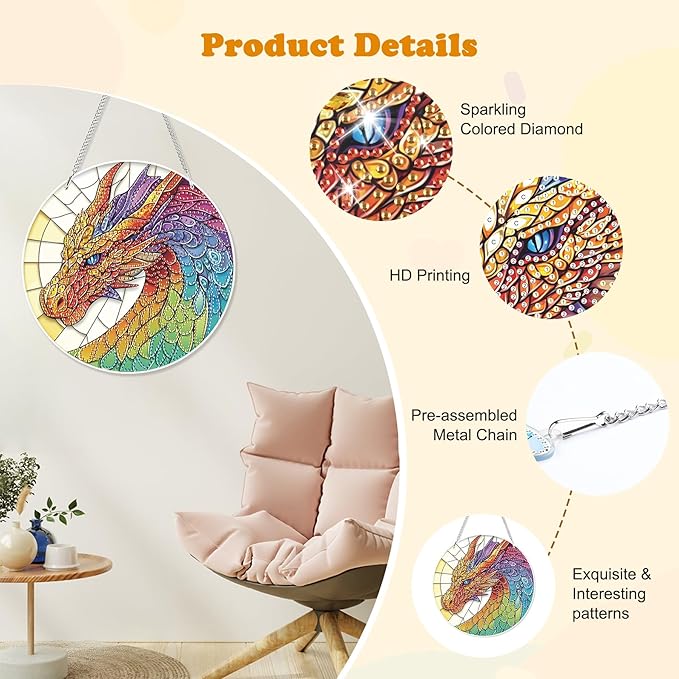 HEIBAGO Dragon Hanging Diamond Art Kits for Adults, Stained Glass Special Shaped Crystal Diamond Painting Ornament Kit, DIY Double-Sided Pattern Gem Art Kit for Home Wall Decor 8.3x8.3inch