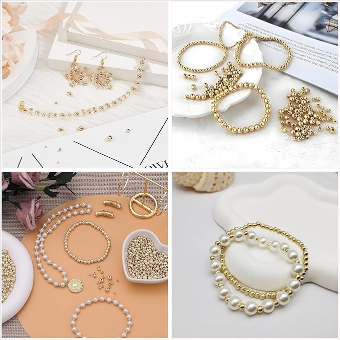 3360pcs Gold & Silver Round Spacer Beads 3/4/6/8mm 4 Size Smooth Ball Beads for Jewelry Making Metal Circle Bead for Bracelet Necklace Earring Making Supply