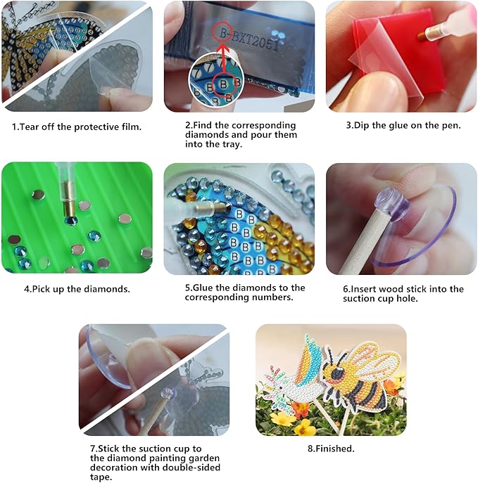 SWATOM 10PCS Diamond Art Kits for Adults for Garden Decor with Butterfly, Hummingbird, Ladybug, Bee, Dragonfly Stakes Diamond Painting Dotz Ornaments Kits for Indoor Outdoor Yard Decoration Crafts