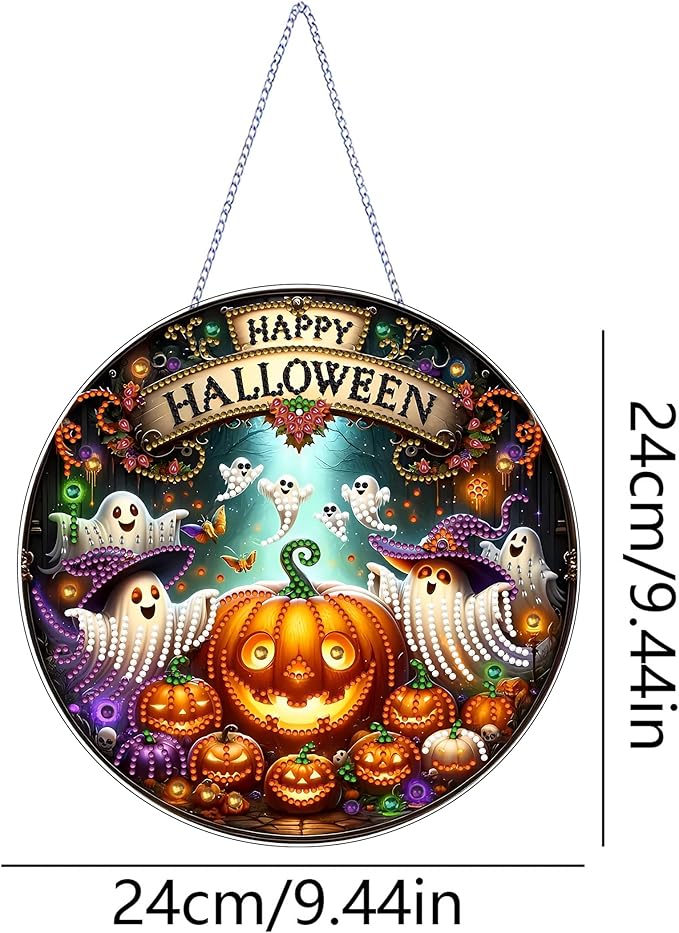 JJFox DIY Halloween Acrylic Diamond Art Painting Wreath Kits Special Shaped Rhinestone Diamond Art Window Pendants Home Garden Wall Hanging Kits Hanging Ornament (Ghosts and Pumpkins)