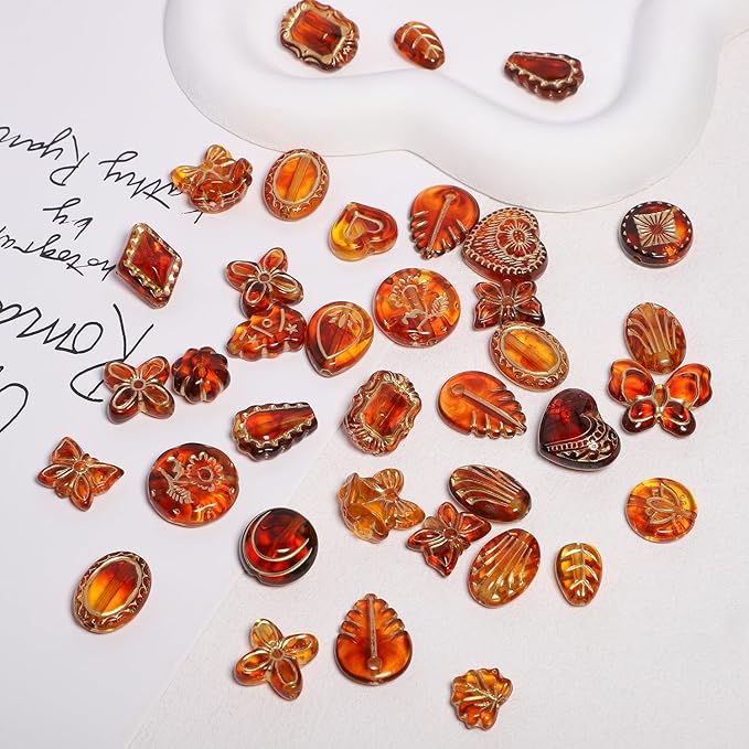 7.5 OZ Assorted Vintage Acrylic Beads for Jewelry Making, Song Xi Unique Flower Rose Czech Beads for Bracelet Earrings, Bohemia Style, Bulk, Arts and Crafts, DIY Holiday Gift (240-260 PCS, Amber)