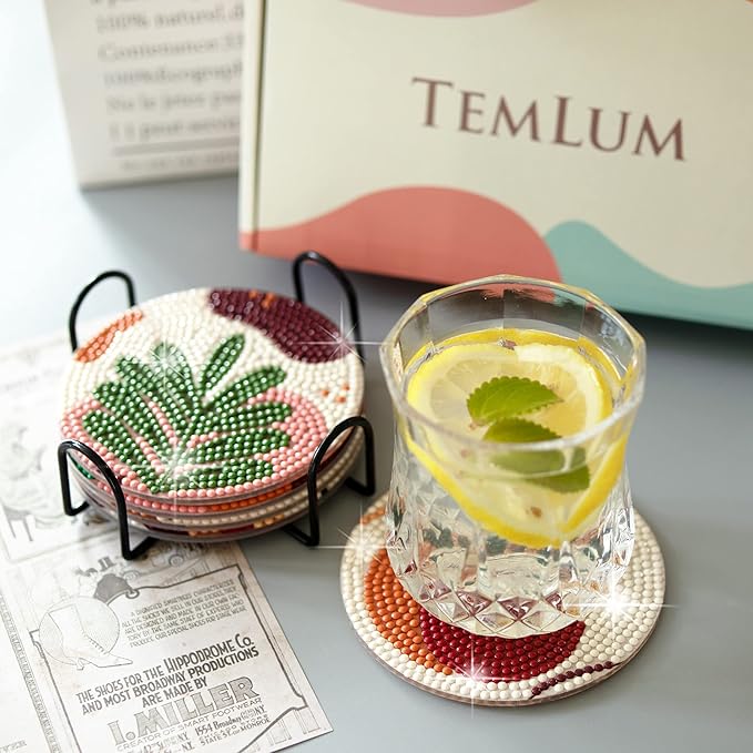 Temlum 6 Pcs Diamond Painting Coasters with Holder, Abstract Plants Coasters Diamond Art Kits for Beginners, Adults Small Diamond Painting Kit Art Craft Supplies