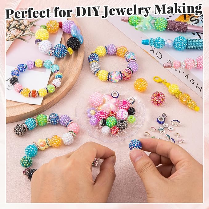 202 PCS HUISUYTON Rhinestone Beads for Jewelry Making, Included 70 Pcs Rhinestone Bead and 132 Pcs Spacer Bead, Sparkly Crystal Clay Beads for Bracelet Baseball Necklace Earring Crafting