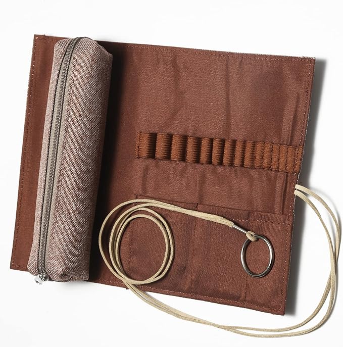 Traditional Aluminum Crochet Hooks Case, 14 Slots Roll-up Crochet Hook Organizer with a Detached Zipper Bag (Beige-Orange)