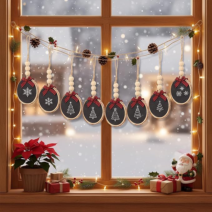 Sawysine 36 Pcs Wooden Christmas Ornament 2.8 to 3.2 Inch Craft Wooden Kit Natural Wood Slices with Round Natural Wood Beads and Buffalo Plaid Bow for Arts and Crafts Christmas Ornaments(Black)