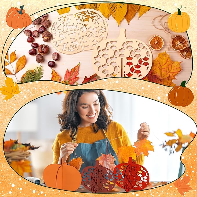 Blosssound 48 Pcs Fall Craft Set 36 Wood Pumpkin Crafts 3D Pumpkin Cutouts with 12 Colored Markers Wooden Unfinished Slices to Paint for Thanksgiving Autumn Harvest DIY Handmade Tiered Tray Decor