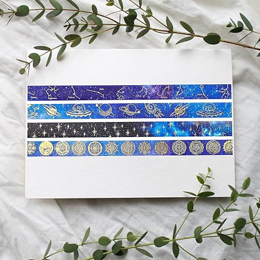 Galaxy Purple Washi Tape - Gold Foil Washi Masking Tape with Constalation, Blue Sky, Moon, Star, Celestial, Perfect for Bullet Journal, DIY Crafts