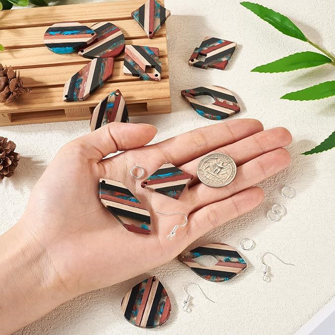 Beadthoven 52pcs Boho Wood Women Earring Making Kit, Striped Resin Earrings Charms Pendants Natural Wood Cutouts Pieces Wooden Earring Blanks with Earrings Hooks for DIY Jewelry Making Crafts