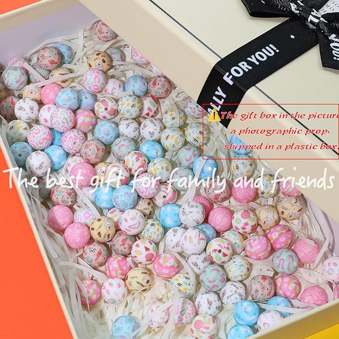 120pcs Richbunnys 15mm Bulk Silicone Beads for Pens and Keychain Making,Large Bead for Necklace and Bracelets Making,Assorted Rubber Beads Set(Print Cartoon)