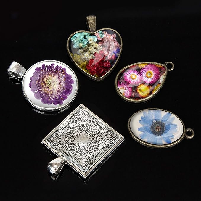 HOMEIDOL Resin Jewelry Molds Pendant Trays Making Kit with 30Pcs 5 Styles Metal Pendant, 1Pc Silicone Epoxy Molds, Earring Posts, Dried Flowers,Wax Rope Necklace, Finger Protector and Tweezers