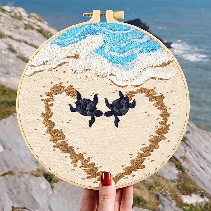 Crafmanoe Beach Embroidery Kits for Beginners Adults, Coastal Stamped Cross Stitch Kits for Beginners Adults, Hand Embroidery Needlepoint Starter Kits, Valentine's Day Gift for Women (Video Tutorial)