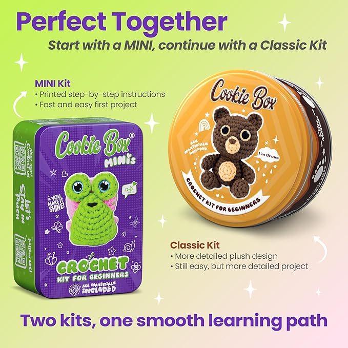 Cookie Box MINIs Crochet Kit for Beginners β Gift Set to Make Snail Dora Amigurumi Plushie β Easy DIY Crochet & Knitting Starter Kit with Printed Instructions & Step-by-Step Video Tutorial