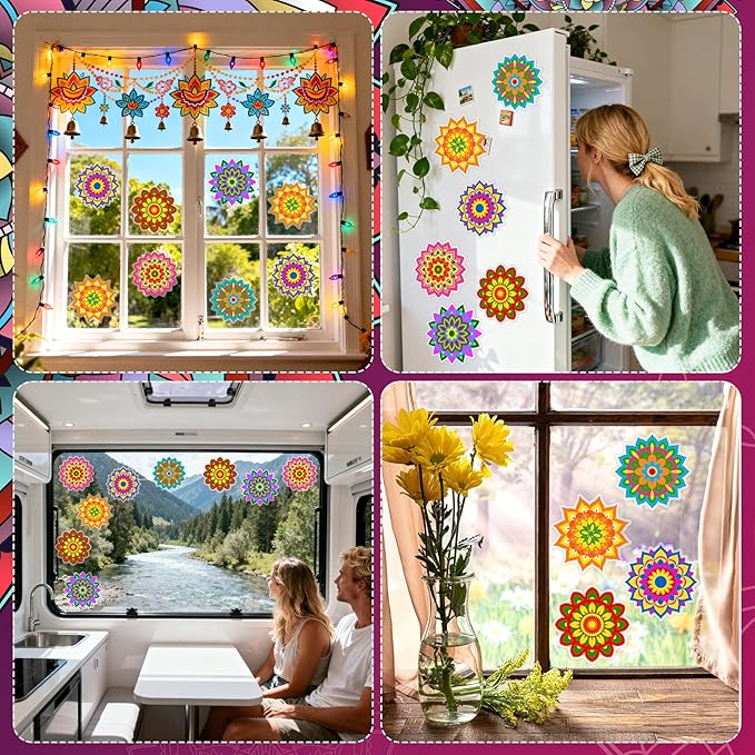 Frienda 36 Pcs Stained Glass Mandala Art Kit DIY Window Clings with Markers 6 Designs Holi Suncatchers Craft Color Your Own Spring Gift Crafts for Adults Seniors Beginners Women Elderly Home Decor