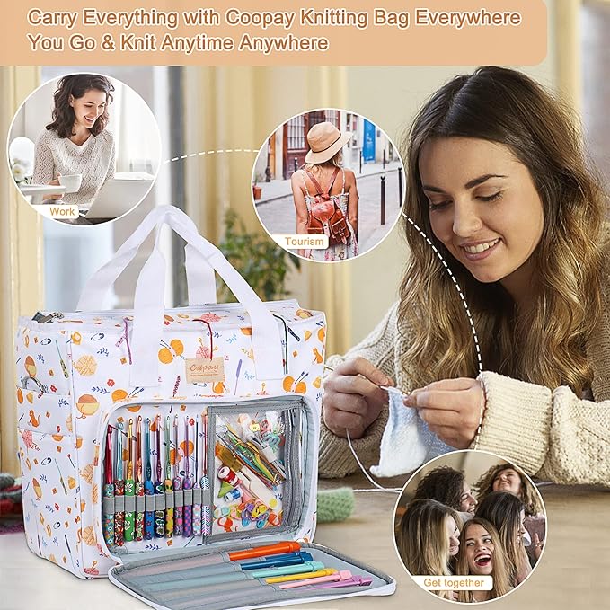 Coopay Large Tote Bag Travel Organizer Lightweight with Shoulder Strap for Crafts and Storage Supplies Crochet Knitting White