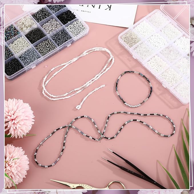 Misdary 30 Colors Glass Seed and Tube Bugle Beads Kit 2 Organizer Boxes Loose Beads for Jewelry Making DIY Crafts Bracelets and Necklaces(Black and White)