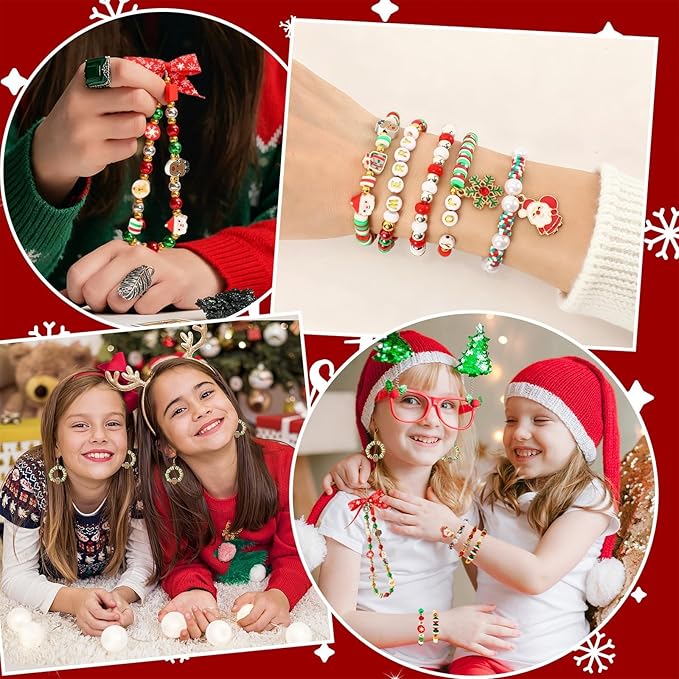 UPINS 2100PCS+ Christmas Bracelet Making Kit, Christmas Red Green White Gold Clay Beads for Friendship Jewelry Making Holiday with Xmas Charms