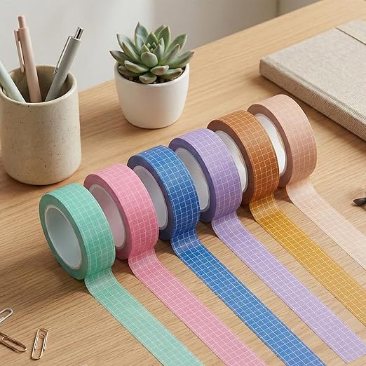 6 Rolls Grid Washi Tape Set, 0.4" x 32ft Decorative Plaid Masking Tapes Assorted Adhesive Arts Thin Checkered Washi Tape Scrapbook Tapes for Planners, Scrapbooking, DIY Crafts, Journals, Gift Wrapping