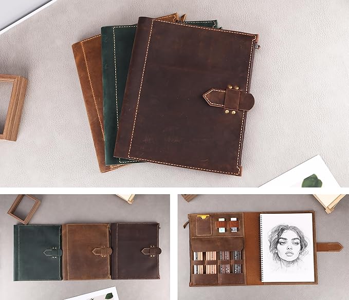 Leather Sketchbook Cover for A4/9"x12" sketch pads - Handmade Genuine Leather Artist Case with Pencil Holder & Zipper Pocket, Professional Drawing Supplies(Brown, 9"x12")