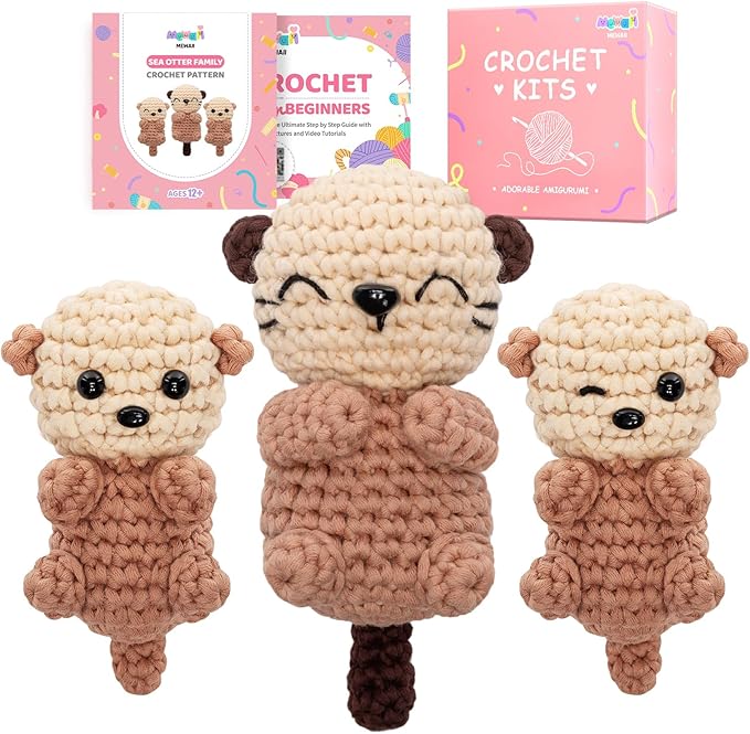 Mewaii Crochet Kit for Beginners Level 1 with 40% Extra Eco-Friendly Pre-Started Easy Yarn, Step-by-Step Video Tutorials for Adults and Kids (3 Pack Sea Otter Family)