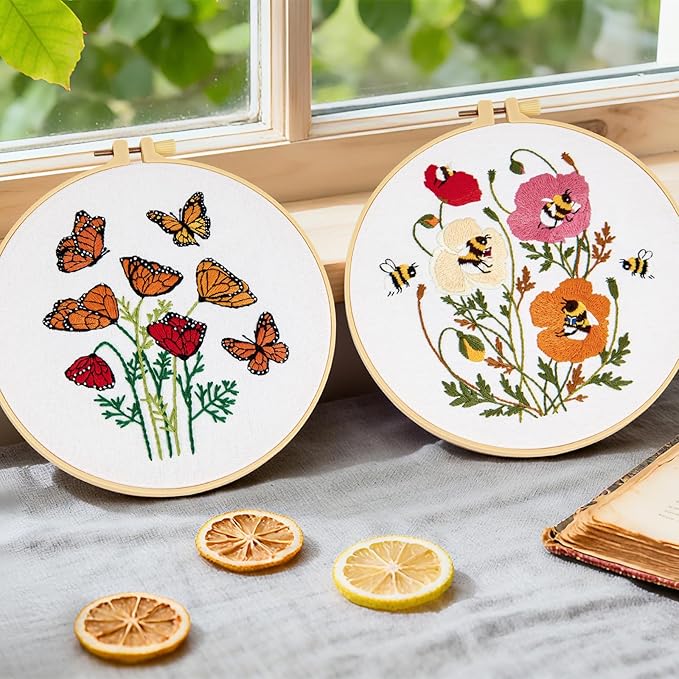 Flowers Embroidery Kits for Beginners Adults, Butterfly Hand Embroidery Starter Kits, Bee Cross Stitch Kits for Beginner Needlepoint DIY Kits for Adult, 2 Set Embroidery Hoops, Thread & Video Tutorial