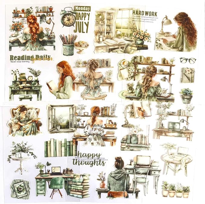 20 Sheets Reading Time Ephemera Sticker Book for Journaling Supplies, Aesthetic Fashion Girl Sticker for Scrapbook Kit Junk Journal, Pre-Cut PET Stickers for Bujo Planner Arts Craft