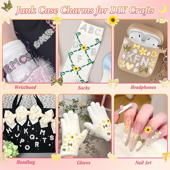 330 Pcs Junk Phone Case Charms 26 Pcs A-Z Rhinestone Alphabet Letter Charm, Mix Yellow Flower Bow Heart Pearls Flatback Resin Charms Letter Junk Cases Kit for DIY Crafts