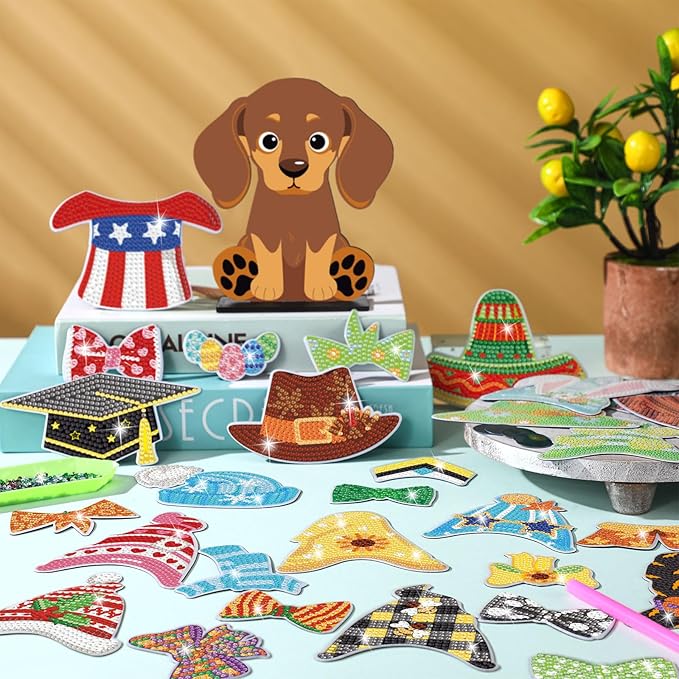 DoubleFill 42 Pcs Easter Diamond Kits St Patricks Day Interchangeable Wooden Table Decorations DIY Holiday Easter Party Seasonal Tiered Tray Art Decor Diamond Painting Magnets(Dog)