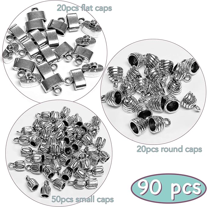 Silver Cord End Cap 90 Pcs Kumihimo Kit Flat Leather Cord End Caps Round Tassel End Caps Barrel End Caps Bracelet Making Supplies Leather Bracelet Making Kit by Heather's cf