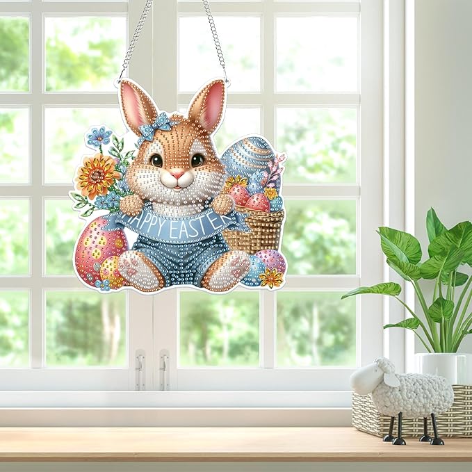 Bowetile Easter Hanging Diamond Art Kits for Adults Kids, 5D Special Shape Diamond Painting Rabbit Kits, Easter Diamond Gem Art Suncatchers Painting Pendant Home Decor, Gifts for Kids