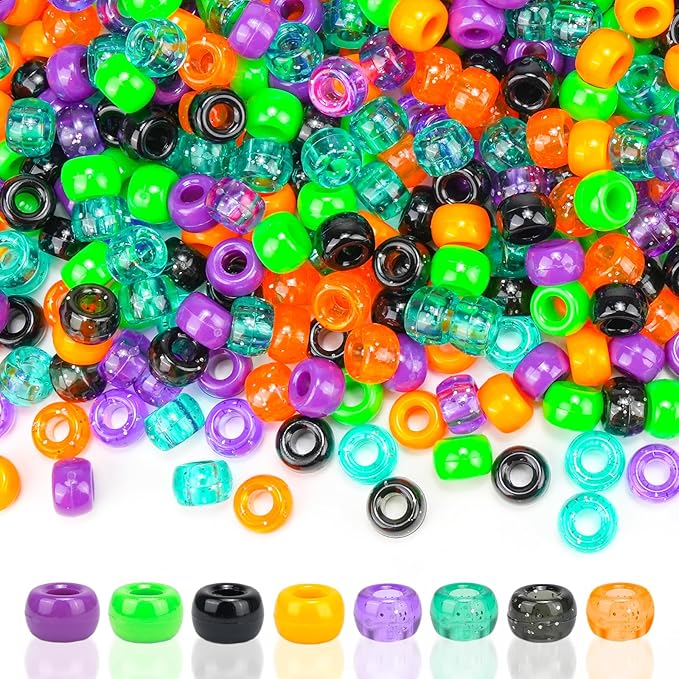 1000Pcs Halloween Pony Beads Bulk – 6x9mm Kandi Beads in Orange, Black, Purple, Green for Bracelets, Hair Braids, Jewelry Making, DIY Crafts, Party Supplies