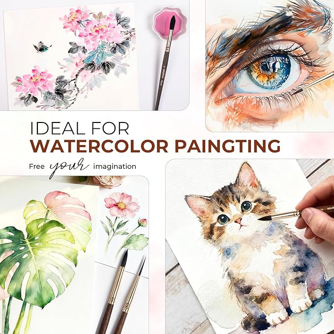 Nicpro Watercolor Brushes Professional, 10PCS Synthetic Squirrel Hair Watercolor Paint Brush Set for Artist & Beginners - Flat, Round, Dagger, Cats Tongue for Water Color, Gouache, Ink Painting