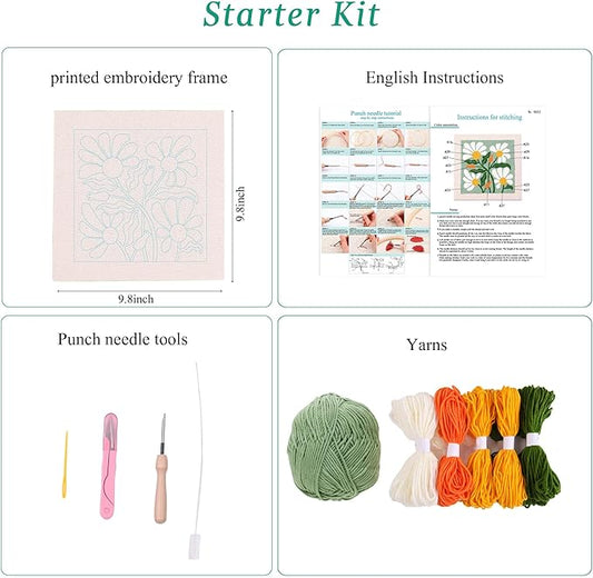 embroidery punch needle kit frame, embroidery starter kits for beginner kids,punch needle fabric with pattern,threader, yarns,embroidery hoops & rug punch(green)