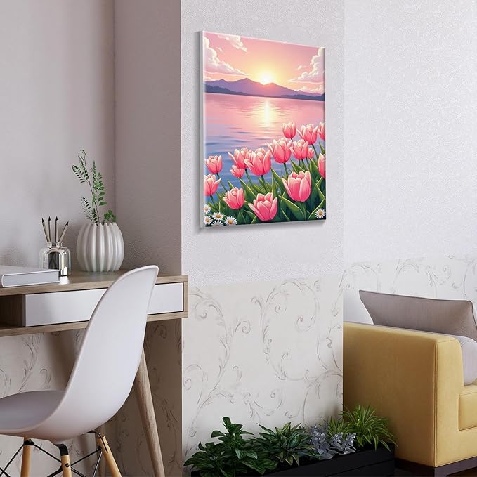 ATDMS Paint by Numbers Kit for Adults with Frame Flowers Adult Paint by Number Kits Framed Canvas Seaside Sunset Paint by Number with Easel DIY Mountain Oil Painting kits for Home Wall Decor 8x12 Inch