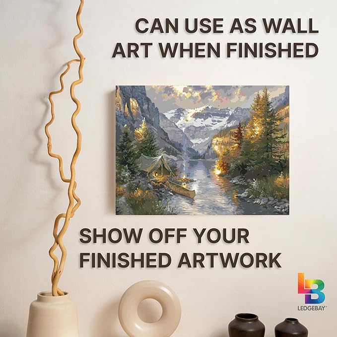 Ledgebay DIY Paint by Numbers Kit for Adults Framed Canvas: Beginner to Advanced Paint by Numbers Kit, Kits Include Acrylic Paint Set Brushes & Tabletop Easel (Rocky Mountain Campsite 12"x16" Framed)