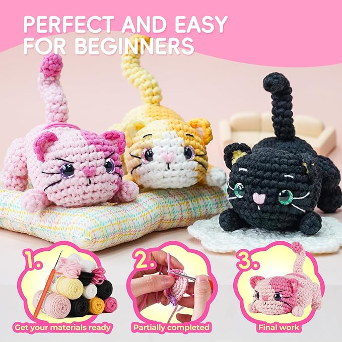 LUDOTEK Crochet Kit for Beginners, Crochet Animal Kits,Crocheting Kit for Starters with Step-by-Step Video Tutorials, Beginner Crochet Kits for Adults(3 Pack cat)