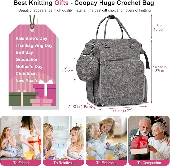 Coopay Huge Crochet Bag, Travel Knitting Bag Large Capacity Yarn Storage Organizer Bags for Unfinished Project, Crochet Hooks, Knitting Needles, Skein Yarn, Great Knitting & Crochet Supplies, Gray